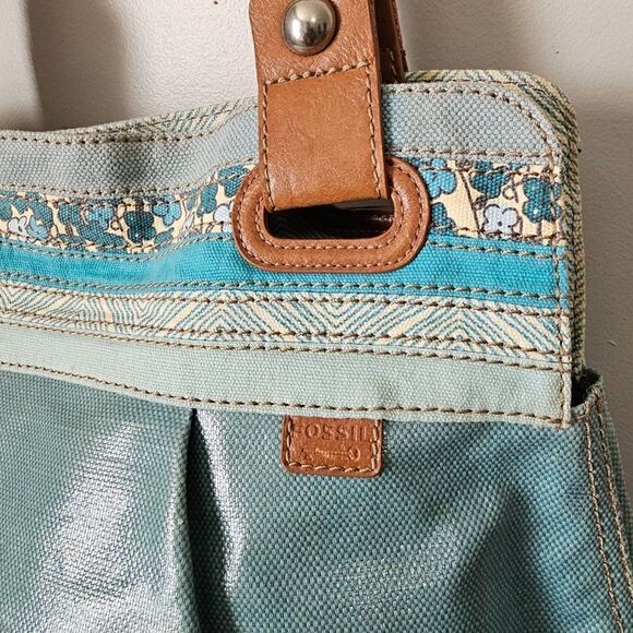 EUC FOSSIL KEY PER COATED CANVAS LIGHT BLUE TOTE / SHOULDER BAG LARGE - Picture 4 of 16